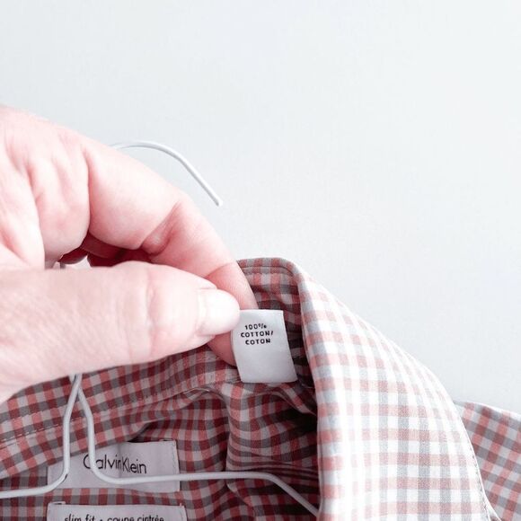 Calvin Klein Mens Slim Fit Collared Dress Shirt Checked Gray Pink Size Medium - Picture 4 of 9